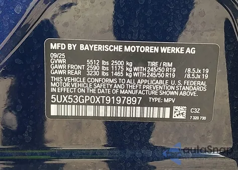 2026 BMW X3 30 xDrive z USA, uszkodzony, nr VIN 5UX53GP0XT9197897